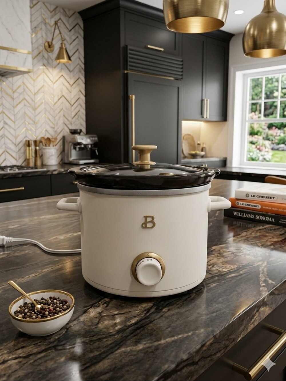 Beautiful Ivory Slow Cooker with Black Glass Lid